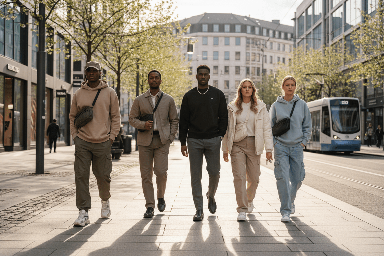 European streetwear trends spring 2026 featuring utility cargo pants, tonal dressing, oversized silhouettes, premium basics, and minimal sneakers